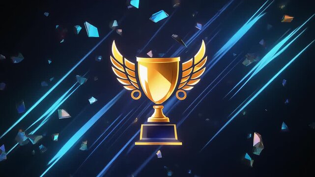 Golden winged trophy animation celebrating esports victory with confetti and light streaks motion footage