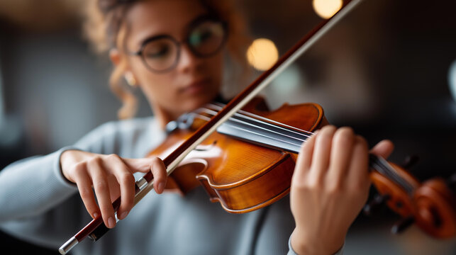 Close-up of a woman's hands playing violin with bow in motion, music performance concept, string instrument practice, hobby musician lifestyle, defocused background, with copy