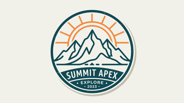 Vintage logo design featuring mountains and sun, promoting exploration in nature for outdoor enthusiasts