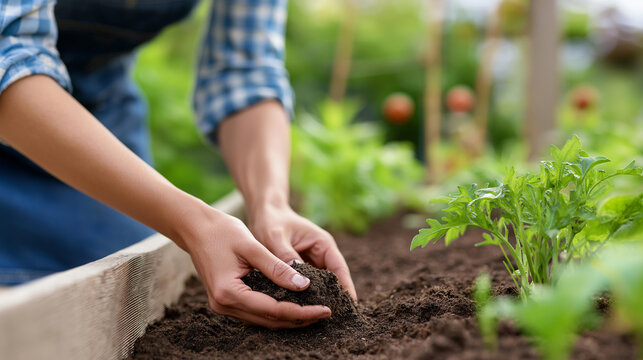 Woman's hands pulling weeds from a garden bed and preparing soil for planting, farm gardening concept, outdoor hobby, vegetable garden preparation, defocused background, with copy