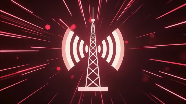 Communication tower broadcasting wireless signals in a fast paced digital animation motion footage showing data transmission connectivity with glowing red light streaks in the dark background