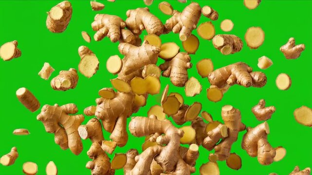 ginger falling from top of the frame isolated on green solid background. for vfx projects