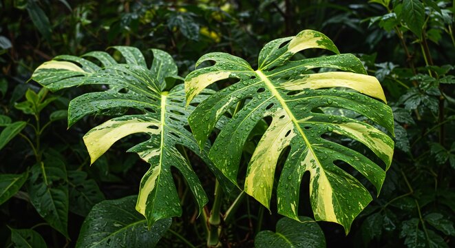 Large green Monstera leaves with yellow spots grow in a dense tropical forest
