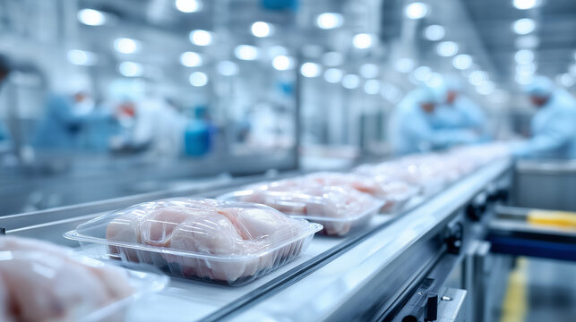 Chicken moving on production belt in food processing plant. Raw poultry packaged in plastic tray on conveyor line. Industrial manufacturing facility for meat supply chain industry.