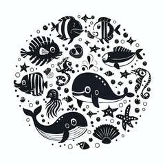 Obraz premium Marine life creatures circular composition illustration with starfish seahorse jellyfish seashell underwater wildlife illustration circular composition monochrome nautical creatures