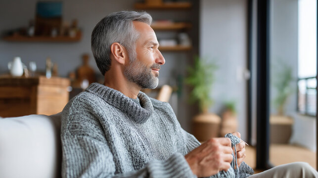 Rear view of a middle-aged man sitting comfortably at home with knitting needles and yarn in progress, learning new hobby concept, knitting for men, mindful craft activity,