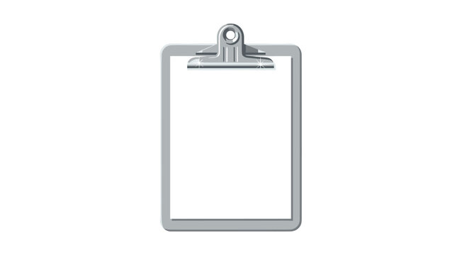 A shiny chrome clipboard holds a single blank sheet of paper with a reflective metallic clamp mechanism positioned against a bright and clean white studio background.