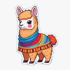 Obraz premium Cute cartoon alpaca sticker vector illustration wearing colorful rainbow poncho with colorful character illustration adorable creature wildlife clothing peruvian friendly domestic livestock