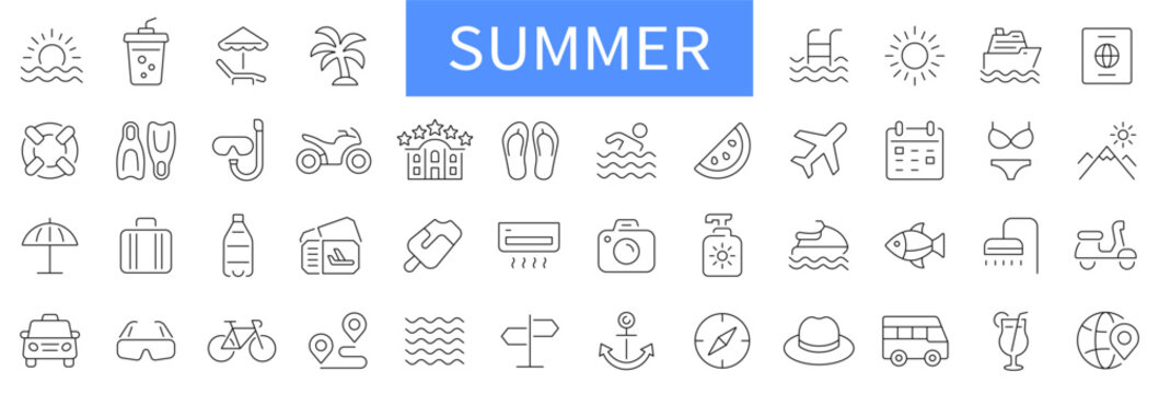 Summer thin line icons set. Sea, beach, summer vacation icon. Editable stroke. Vector