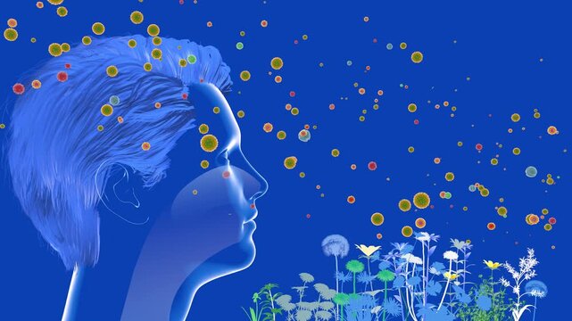 3d animation of a human head with hair. Highlighting the upper respiratory system (ENT). Next to flowers, plants, and pollen floating in the air that trigger spring allergies. 