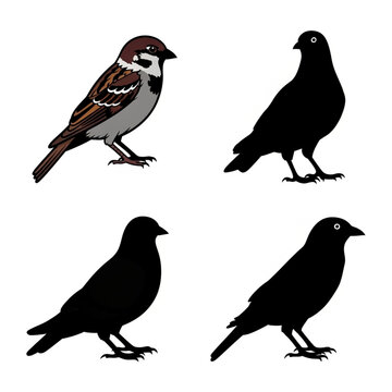 Set of four illustrated songbirds featuring a colorful sparrow and three detailed black bird silhouettes standing, white