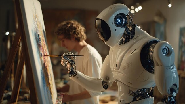 A white humanoid robot paints an abstract image on a canvas next to a young male artist in a dim studio