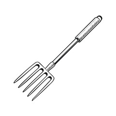 Fototapeta premium Hand drawn four tine pitchfork or hay fork as a rustic farm tool illustration with farming tool garden fork gardening tool black and white line art white background cut out pitchfork cultivate