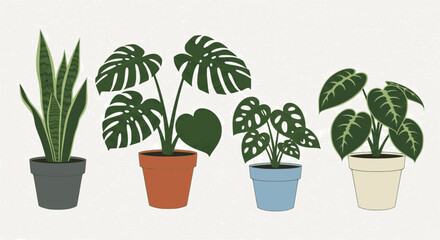 Obraz premium Professional collection of black houseplants silhouettes in decorative pots featuring monstera, fiddle leaf fig, snake plant, and succulents isolated on white background for interior design and urban