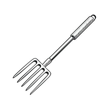 Hand drawn four tine pitchfork or hay fork as a rustic farm tool illustration with farming tool garden fork gardening tool black and white line art white background cut out pitchfork cultivate