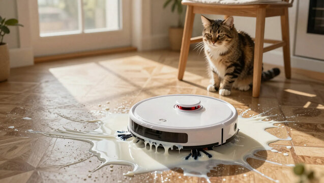 Robot vacuum cleaner cleaning a spill on the floor while a cat watches in the background.