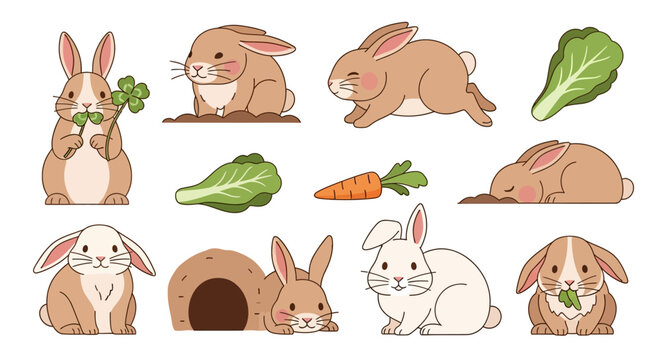 Collection of Cartoon Rabbits and Vegetables.