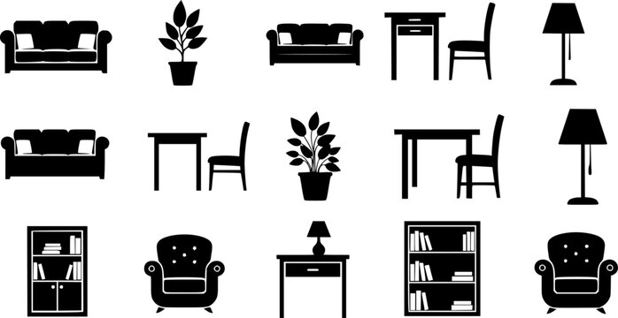 Print Home Living Room and Bedroom Furniture Silhouette Icon Set
