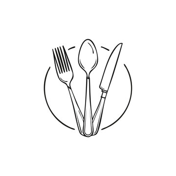 Hand drawn cutlery sketch with fork spoon and knife inside circle for food branding and menu design restaurant silverware flatware catering breakfast branding identity illustration isolated