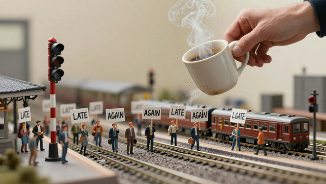 Surreal concept with giant hand holding coffee cup over a miniature train station with "LATE AGAIN" signs.