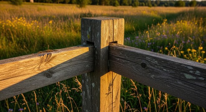Rustic wooden fence corner with golden hour sunlight illuminating weathered posts and surrounding natural field