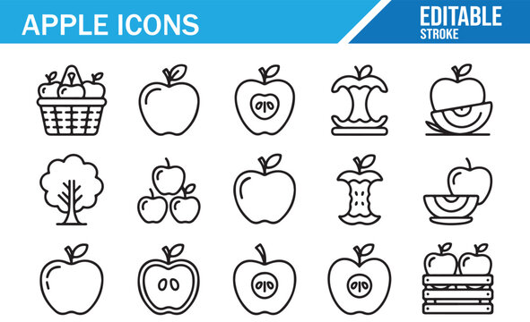 Editable Apple Icon Collection with Orchard Harvest and Fruit Outline Designs