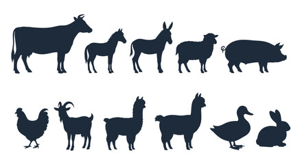 Fototapeta premium Farm Animals Silhouettes Collection Vector Illustration.