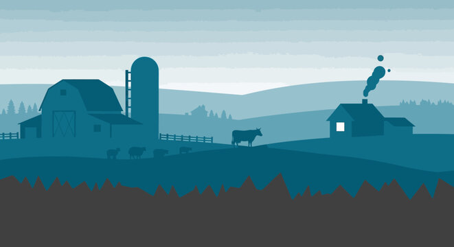 Farm Buildings Silhouette Rural Landscape Scene.