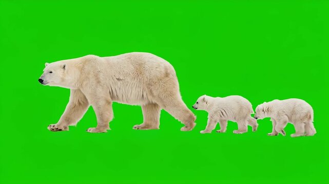 Walkimg polar bear with cubs isolated on green background vfx projects motion