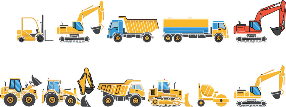 Cartoon construction vehicles including excavator, bulldozer, dump truck, forklift, and cement mixer illustration for industrial projects