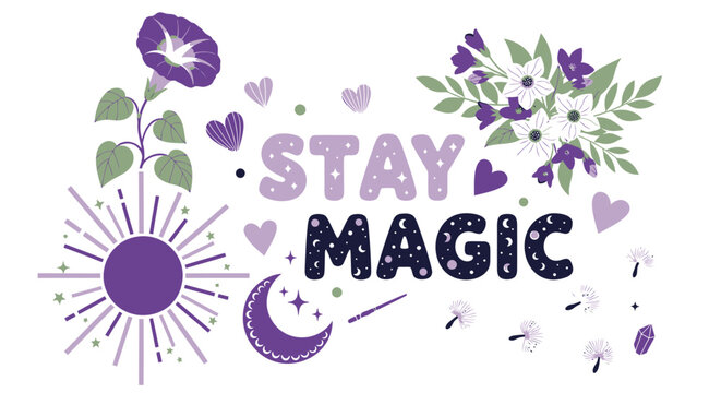 Whimsical purple floral elements, stay magic text, sun moon, hearts, vector graphics