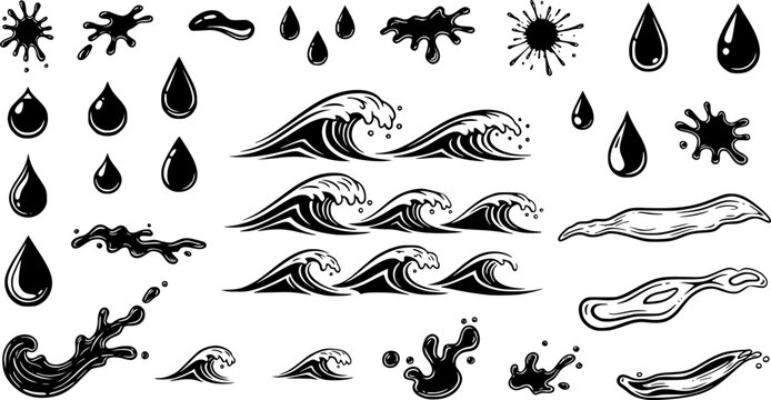Set of black liquid drops, spills, puddles, and ink splatters vector illustration.