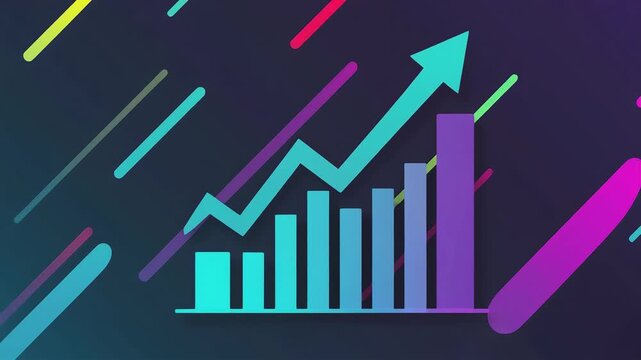 Financial growth bar chart with a rising arrow animation showing business success and market performance trends in this colorful digital motion graphics corporate video stock clip