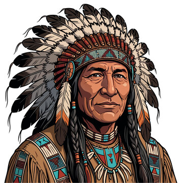 Elder Native American Chief Portrait in Eagle Feather Headdress