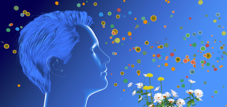 3D illustration of a human head in profile with moving hair. Next to flowers, plants, and pollen moving in the air that trigger spring allergies. Realistic and transparent graphic style.