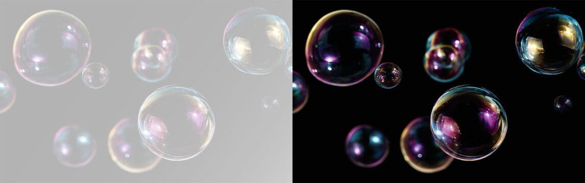 soap bubbles with iridescent gradients and ethereal floating effect PNG