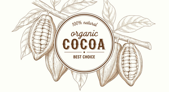 Vintage style label for organic cocoa featuring hand drawn illustrations of cacao pods and leaves on a branch.
