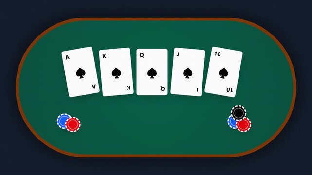 A vibrant green poker table displaying a perfect Royal Flush in spades with scattered red, blue, and black poker chips, symbolizing a winning hand in a card game.