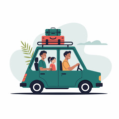 Fototapeta premium Family traveling in car with luggage on roof rack and palm leaf, road trip