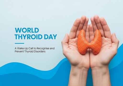 Hands holding orange thyroid gland organ  world thyroid day