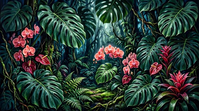 Enchanting Tropical Jungle Illustration with Monstera Leaves, Pink Orchids and Exotic Bromeliads