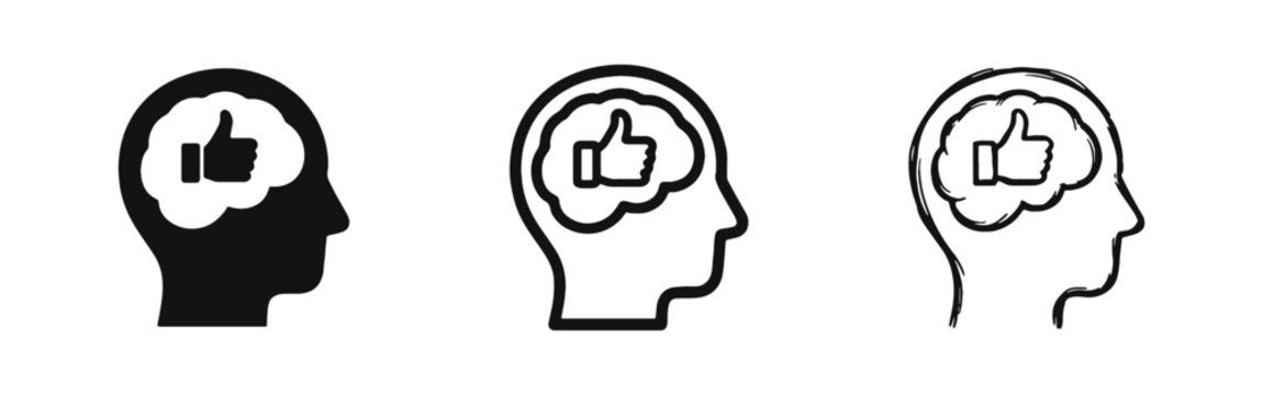 Positive Thinking Icon Set, Human Head with Thumbs Up in Brain Symbols for Approval and Mental Health