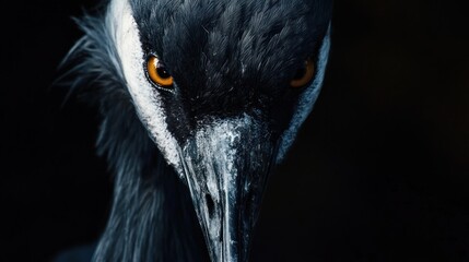 Fototapeta premium Close-up crane head, intense gaze, dark background