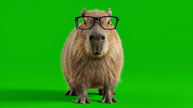 Intelligent Capybara Wearing Glasses on a Green Screen Background