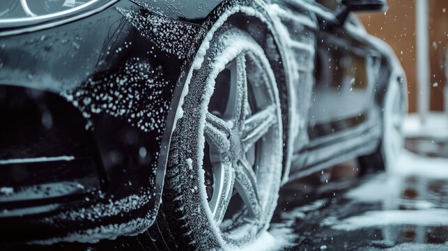 Close-Up View of Wet Black Car Tire Covered in Soap and Water Droplets During Car Wash or Winter Weather Conditions in Urban Environment