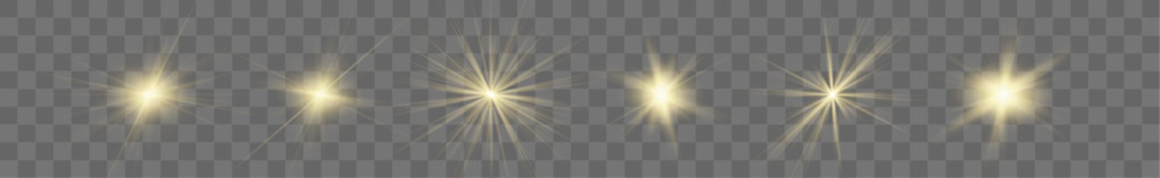 Golden sun set with soft luminous flares and elegant reflections. Warm glow adds bright seasonal style. Perfect design set for visuals. Vector
