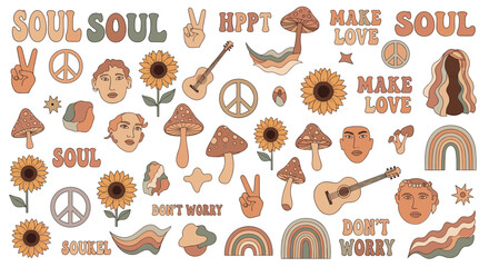 Fototapeta premium Large set of retro hippie stickers including peace signs, sunflowers, mushrooms, guitars, rainbows, and inspirational text.