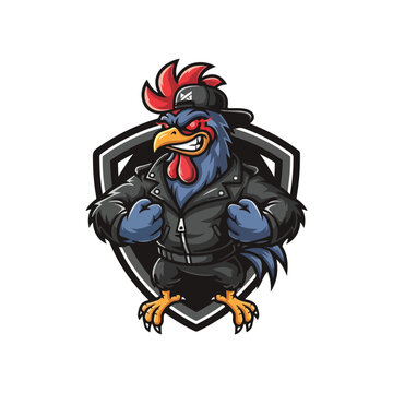 Rooster Mascot in Leather Vest on Shield