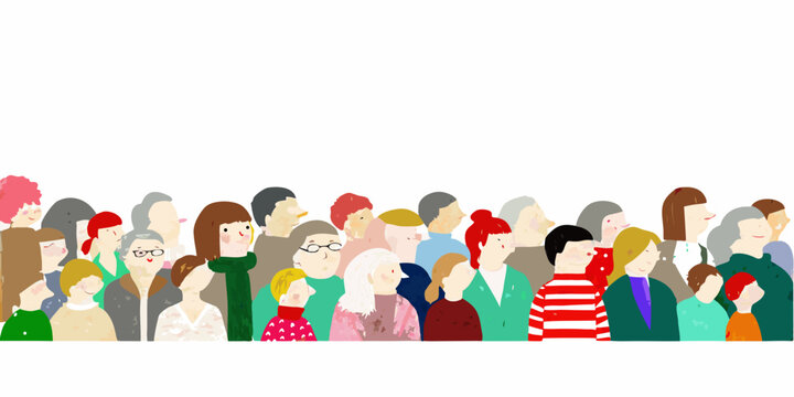 Diverse group of illustrated people standing closely together facing forward
