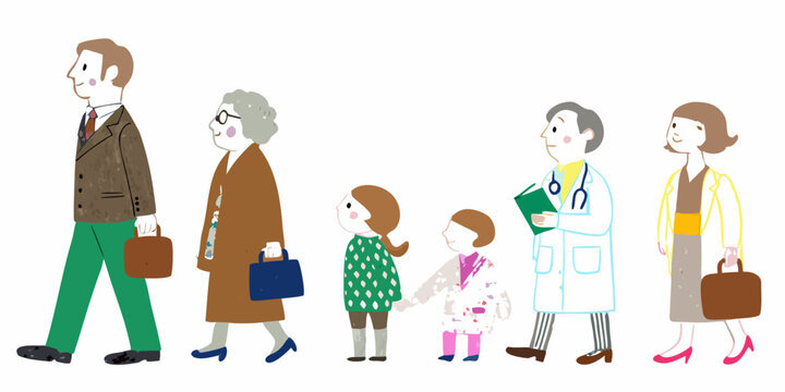 A diverse family line illustration showing different generations and ages